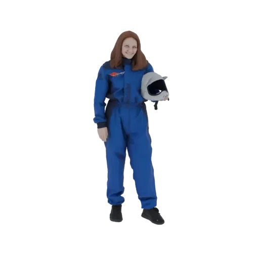 3D model of a female astronaut in a blue jumpsuit, smiling and holding her helmet.