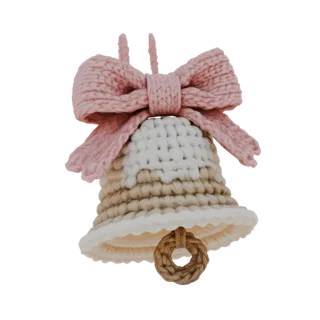3D model of a knitted bell ornament with a pink bow and twine clapper, isolated on a white background.