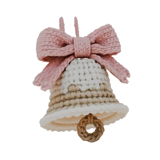 3D model of a knitted bell ornament with a pink bow and twine clapper, isolated on a white background.