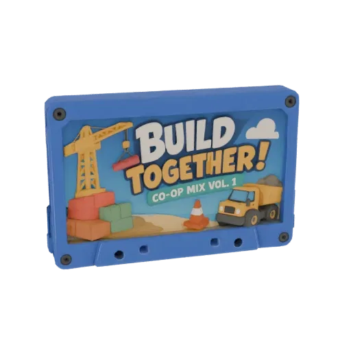 3D model of a blue cassette tape labeled 'Build Together! Co-Op Mix Vol. 1' with a clay-like construction scene.