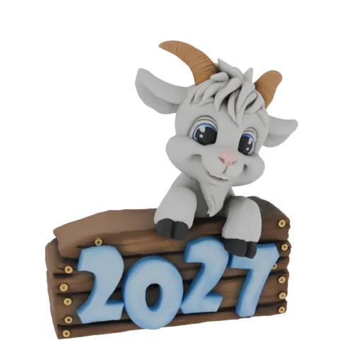 3D model of a cute, cartoon-style white goat with blue eyes and horns, peeking over a wooden sign displaying the year 2027.