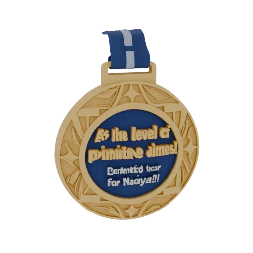 3D-Modell einer goldenen Medaille mit blauem Zentrum und geprägter russischer Inschrift "Auf urzeitlichem Niveau!"