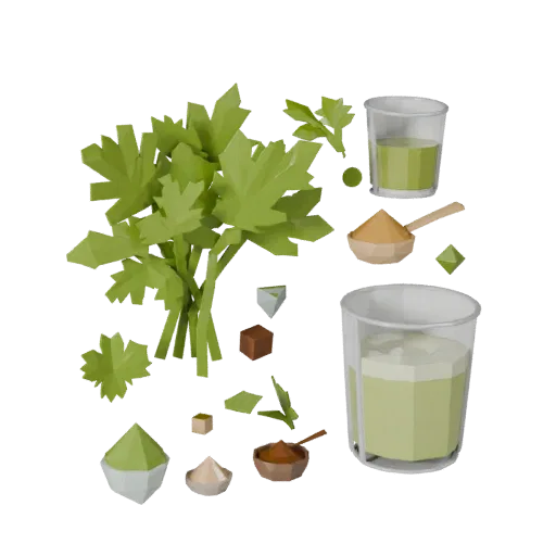 Fresh Herb Bundle Low Poly 3D model, game viewport three-quarter view, showing powders, small ingredient shapes.