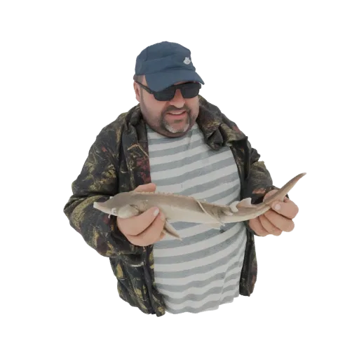 3D model of a fisherman wearing a blue cap and camouflage jacket, holding a small sturgeon.