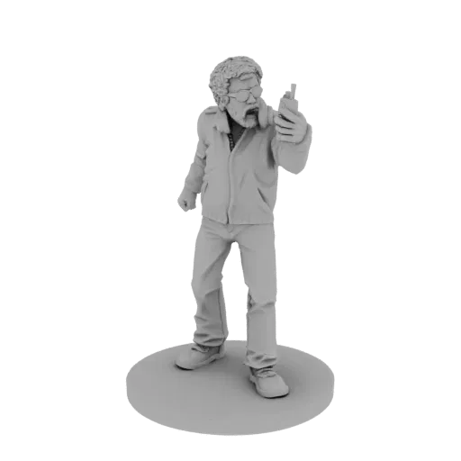 3D model render of a man with curly hair, sunglasses, and a beard, holding a walkie-talkie to his ear.
