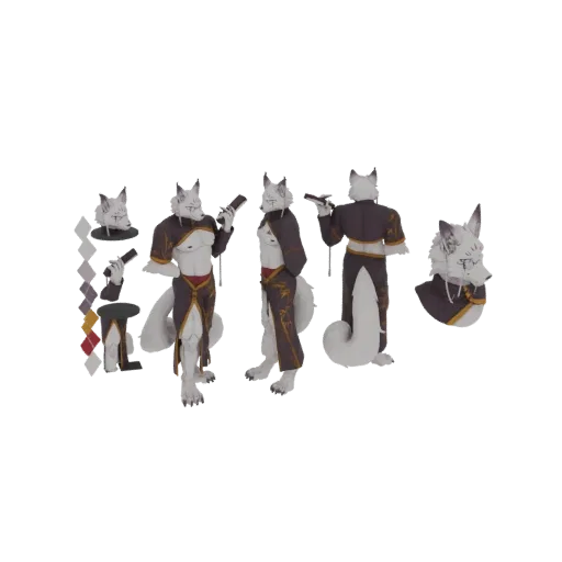 3D model of a furry wolf warrior in ornate robes, shown from multiple angles and with a headshot.