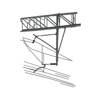 Modelo 3D de un sistema de catenaria aérea con una detallada estructura de soporte de celosía y una intrincada red de cables.