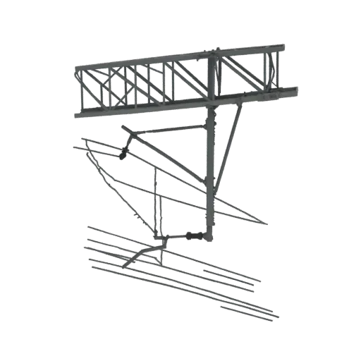 3D model of an overhead catenary system with a detailed lattice support structure and intricate wire network.