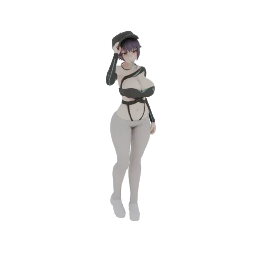 3D model of an anime girl wearing a black cap, a revealing black top with blue accents, and light gray leggings, posed dynami