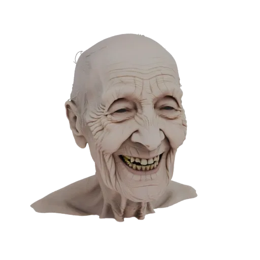 3D model of an elderly woman with deep wrinkles and a wide, joyful smile, her head and shoulders visible against a black back