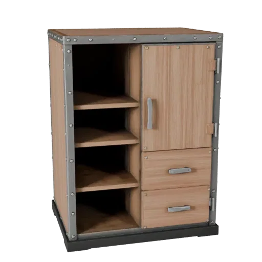 Industrial Cabinet 3D model, dining room, three-quarter front view, Unity viewport, painted wood detail.