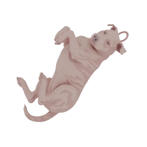 3D model of a light pinkish-tan pitbull puppy lying on its back with paws in the air, looking playful.