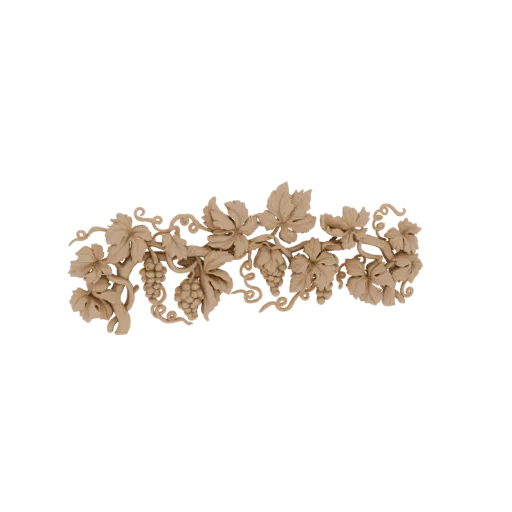 3D model of an ornate grapevine garland with clusters of grapes and detailed leaves, rendered in a light wood texture.