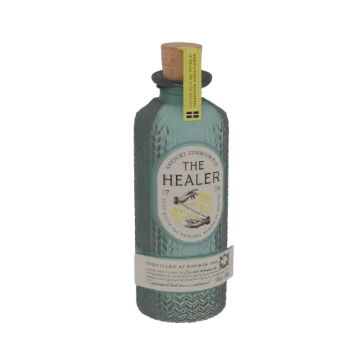 3D model of 'The Healer' Ancient Cornish Gin bottle with textured green glass and a cork stopper.