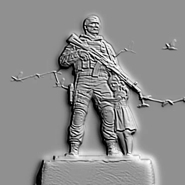 Baixo-relevo 3D "Guerreiro com criança", retratando um soldado abraçando uma criança, com pássaros no céu.