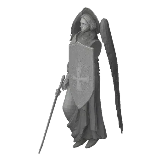 3D model of Archangel Michael with large wings, holding a sword and shield, with a halo.