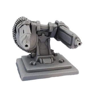 3D model of a heavy gatling turret with multiple barrels and a detailed base, rendered in gray.