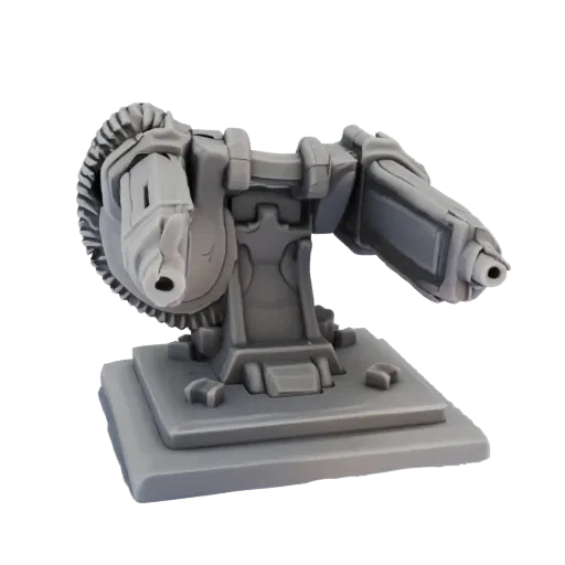 3D model of a heavy gatling turret with multiple barrels and a detailed base, rendered in gray.