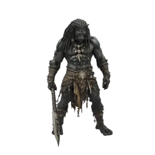 Modelo 3D de um guerreiro homem-fera musculoso de pele escura com dreadlocks, vestimenta tribal e um grande machado, pronto p
