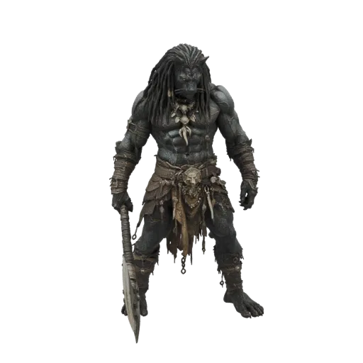 Modello 3D di un guerriero bestia muscoloso dalla pelle scura con dreadlocks, abbigliamento tribale e una grande ascia, pront