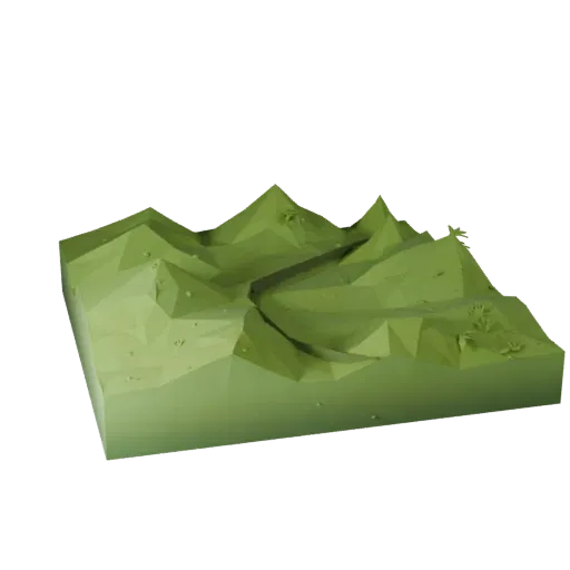 Forest Floor Terrain Tile Low Poly 3D model, game viewport three-quarter view, showing layered soil, terrain detail.