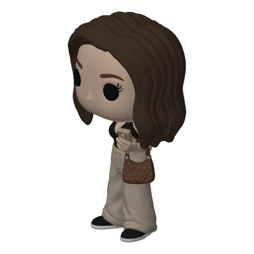 3D model of a stylized woman in Funko Pop style, wearing beige pants and a black top, holding a brown handbag and a smartphon