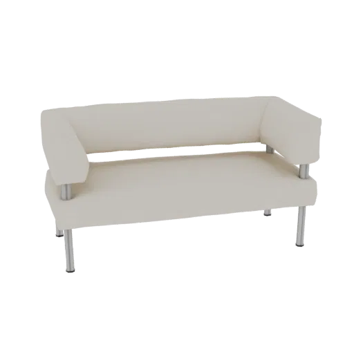 A 3D model of a modern, light-colored two-seater sofa with sleek metal legs, presented against a white background.