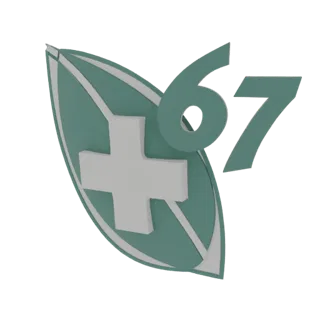 3D render of a green leaf emblem with a white medical cross and the number 67 in teal, presented on a white background.