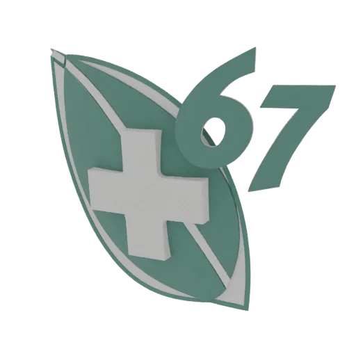 3D render of a green leaf emblem with a white medical cross and the number 67 in teal, presented on a white background.