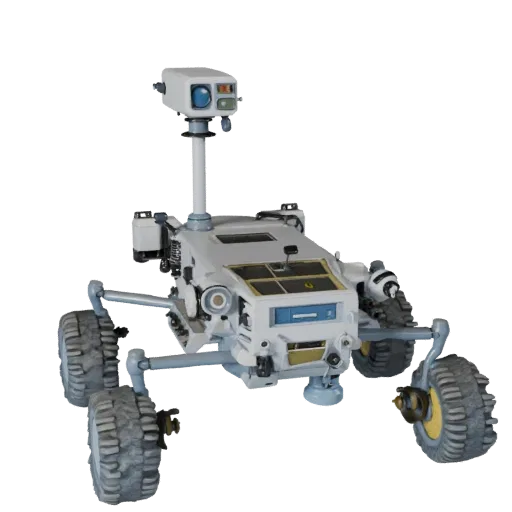Ice World Planetary Rover Stylized 3D model, stylized isometric render, showing dusty wheels, vehicle stance.