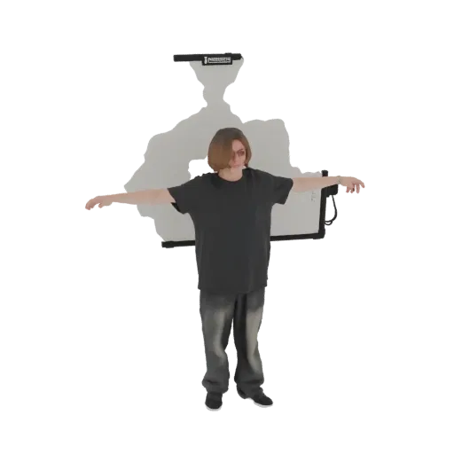 3D model of a young person with brown hair and glasses, wearing a t-shirt and jeans, standing in a T-pose.