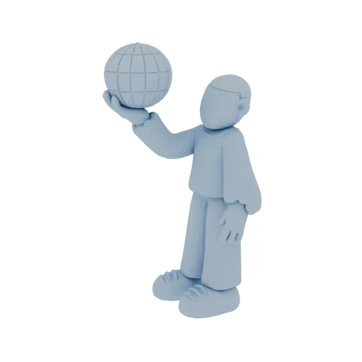 Ein 3D-Render einer stilisierten, gesichtslosen menschlichen Figur in mattem Hellblau, die einen vereinfachten Globus hält.