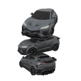 Uma renderização 3D mostrando três modelos de SUV modernos e agressivos empilhados verticalmente contra um fundo branco.