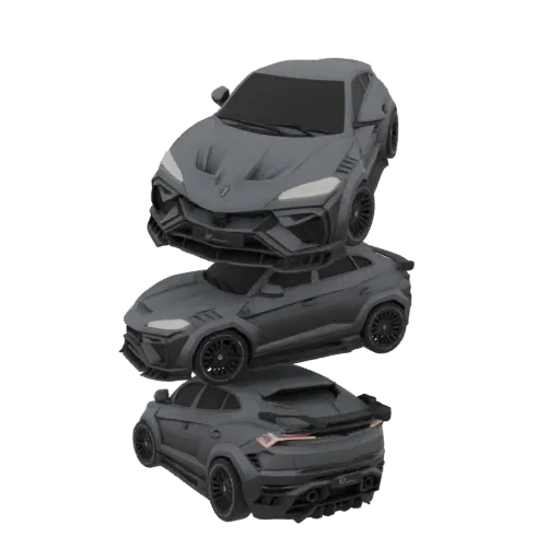 Uma renderização 3D mostrando três modelos de SUV modernos e agressivos empilhados verticalmente contra um fundo branco.