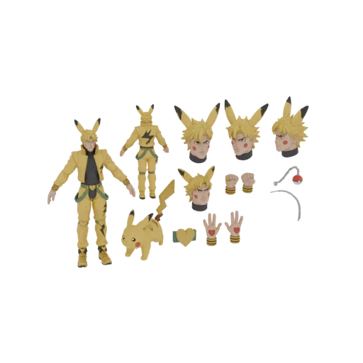3D model of a human-like character with Pikachu-inspired yellow clothing and hair, shown with interchangeable heads, hands, a