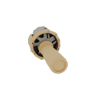 3D render of a compact industrial turbine nozzle with a metallic impeller and a beige cylindrical exhaust.