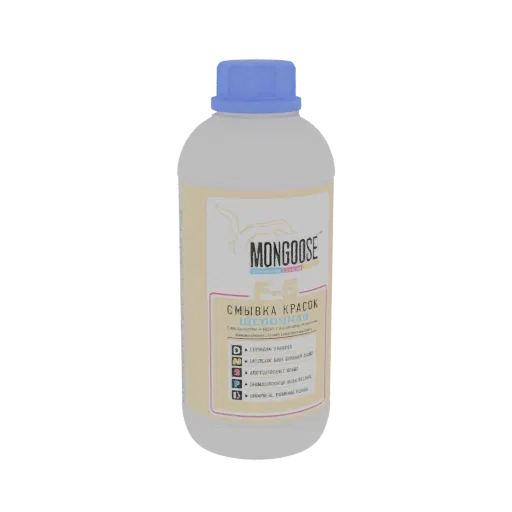 3D-Modell einer Mongoose F-5 Farbentferner-Flasche mit beige Etikett und blauem Verschluss, mit kyrillischem Text.