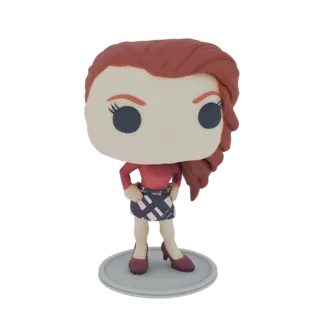 Modèle 3D d'une femme aux cheveux rouges en jupe à carreaux, style figurine Funko Pop, sur un socle gris.