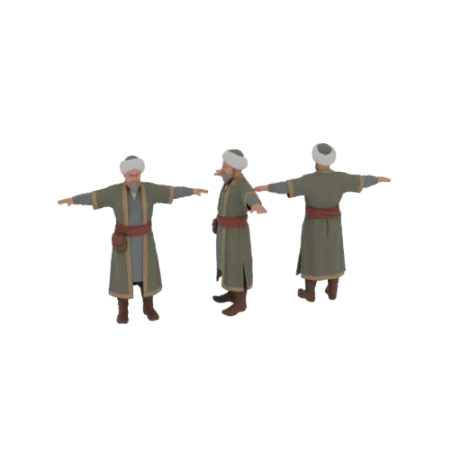 3D model of an Ottoman warrior in traditional attire, shown from multiple angles against a white background.