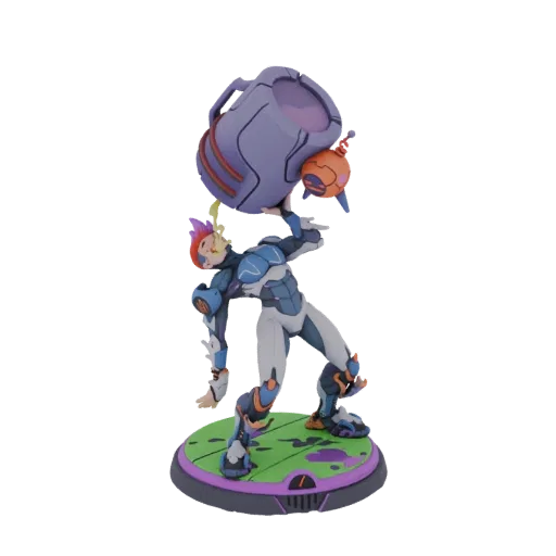3D model of a futuristic warrior in blue and white armor, balancing a large purple mug with a small drone nearby, on a green