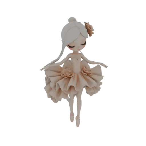 3D model of a delicate ballerina figurine with a flowing skirt made of flower petals, poised gracefully.