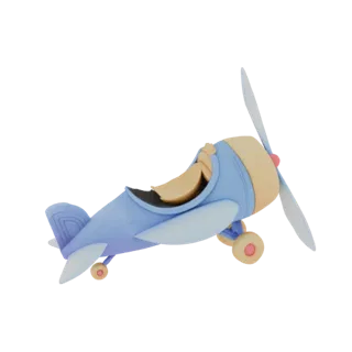 3D-Render eines niedlichen, hellblauen Cartoon-Flugzeugs mit einem Piloten mit gebräunter Haut, weißem Propeller und Rädern m