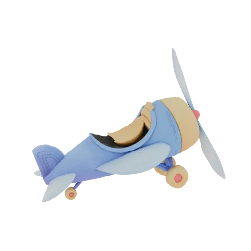 3D-Render eines niedlichen, hellblauen Cartoon-Flugzeugs mit einem Piloten mit gebräunter Haut, weißem Propeller und Rädern m