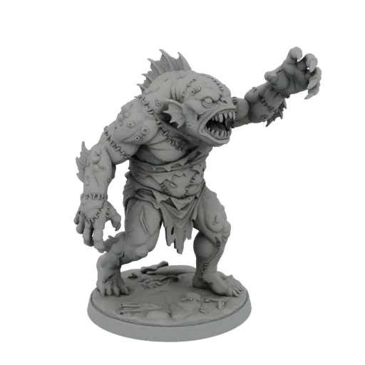 3D model of a grey, undead aquatic creature with sharp teeth, stitched skin, and tattered rags, posed aggressively on a base.