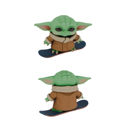 Modello 3D di Grogu, il personaggio di Star Wars, che cavalca un hoverboard, mostrato da viste frontali e posteriori.
