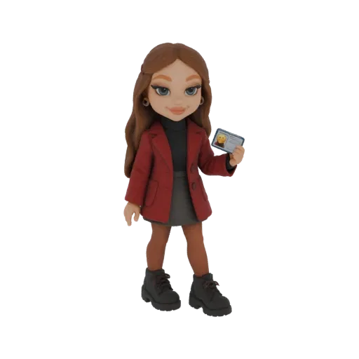 Modello 3D di una donna chibi con capelli castano ramato, che indossa un cappotto rosso e tiene un tesserino.