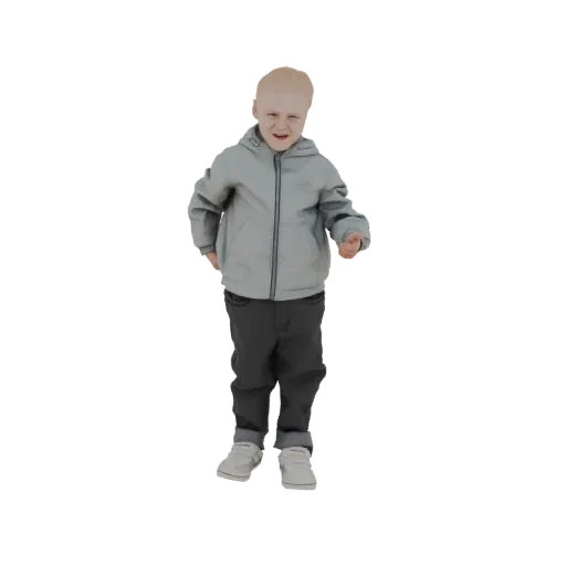 3D model of a young boy with a happy expression, wearing a grey puffy jacket and dark jeans, standing with one hand slightly