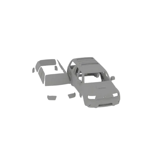 3D model of a deconstructed SUV body, showing the main chassis and separate exterior panels like doors, hood, and roof.