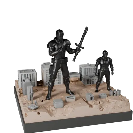 Urban Display Diorama STL printable 3D model preview parts, three-quarter display angle, depth and display scale