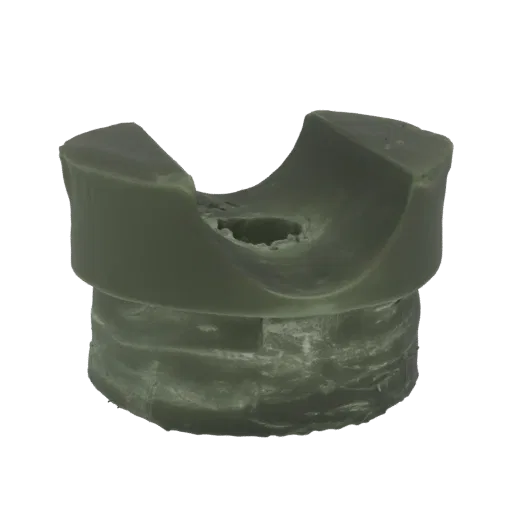 3D model of a green dental wax impression, showing a U-shaped concave surface on a textured cylindrical base.